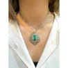 Vintage Art Nouveau Style Carved 18K White Gold Pendant Necklace With Shield Cut Emerald and Diamond Side Stones