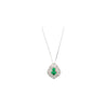 Vintage Art Nouveau Style Carved 18K White Gold Pendant Necklace With Shield Cut Emerald and Diamond Side Stones