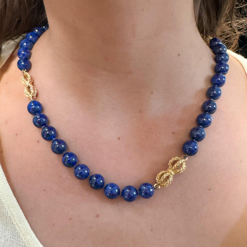 Vintage GIA Certified Lapis Lazuli 18K Gold Bead Necklace