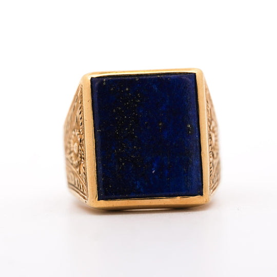 Vintage Lapis Lazuli 18K Gold Floral Engraved Square Mens Signet Ring