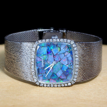 Vintage Longines Opal Mosaic Dial 34mm Diamond Bezel 18K White Gold Watch – Assay Jewelers