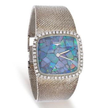 Vintage Longines Opal Mosaic Dial 34mm Diamond Bezel 18K White Gold Watch – Assay Jewelers
