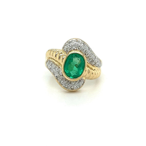 Vintage Natural Oval Cut Emerald & Diamond Ribbed Textured Bezel Set 18K Gold Ring