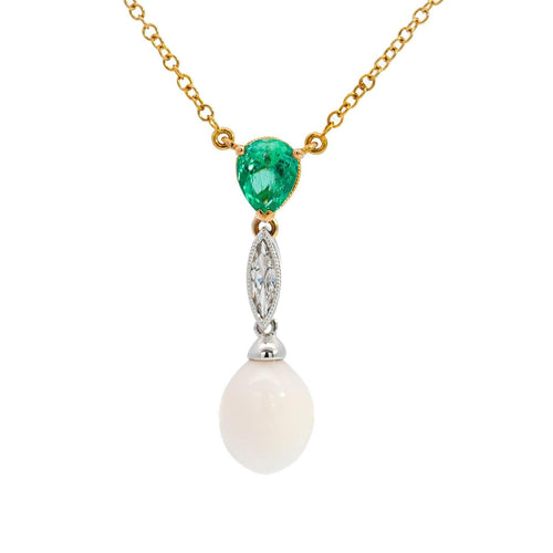 Vintage Natural Saltwater Conch Pearl & Emerald Drop 18K Gold Pendant Necklace