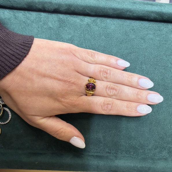 Vintage Oval Rodolite Garnet Victorian Revival in 18K Yellow Gold Solitaire Ring
