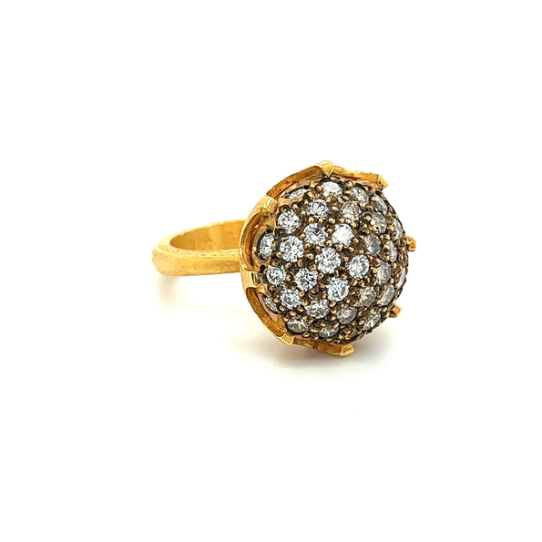 Vintage Retro 22K Carved Yellow Gold and Round Ball Diamond Cluster Ring