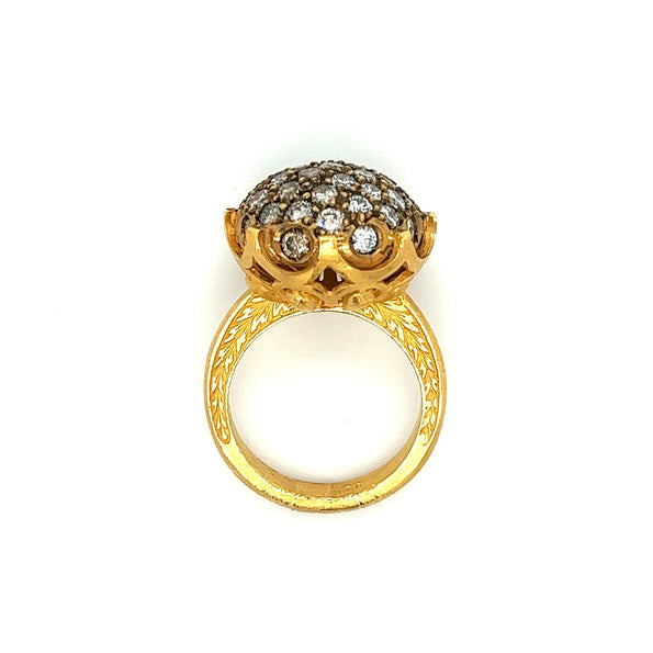 Vintage Retro 22K Carved Yellow Gold and Round Ball Diamond Cluster Ring