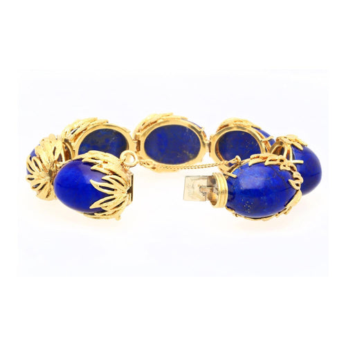 Vintage Retro Era 2.50 CTTW Blue Lapis Lazuli Bracelet in Floral 18K Yellow Gold