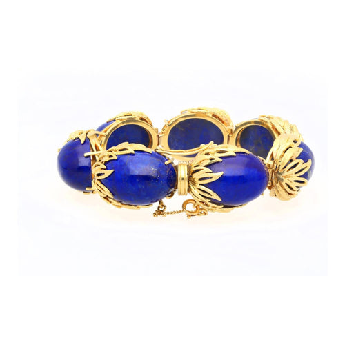 Vintage Retro Era 2.50 CTTW Blue Lapis Lazuli Bracelet in Floral 18K Yellow Gold
