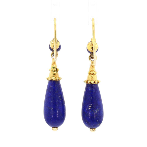 Vintage Retro Lapis Lazuli 18K Gold Drop Earrings