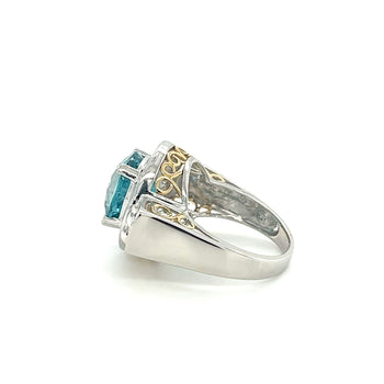 Vintage Retro Style 8 Carat Oval Cut Blue Zircon with Diamond Halo in Platinum & 18K Gold Filigree Set Ring – Assay Jewelers