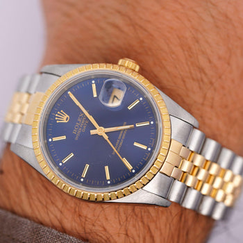 Vintage Rolex Blue Dial Oyster Date 34mm Two Tone Fluted on Jubilee Watch – Assay Jewelers