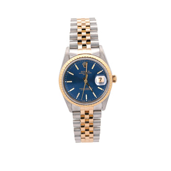 Vintage Rolex Blue Dial Oyster Date 34mm Two Tone Fluted on Jubilee Watch – Assay Jewelers