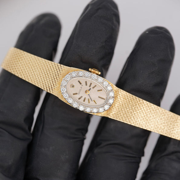 Vintage Rolex Precision 14K Yellow Gold Diamond Bezel Oval Manual Wind Watch