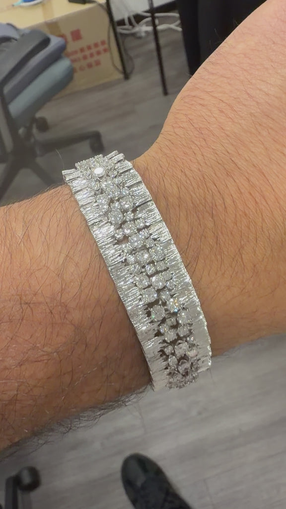 8.50 Carat Round Diamond Three-Row 14K White Gold Bark Texture Wide Bracelet