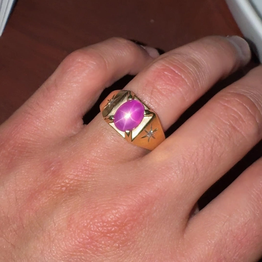 Pink Star Sapphire & Diamond 14K Gold Unisex Statement Ring