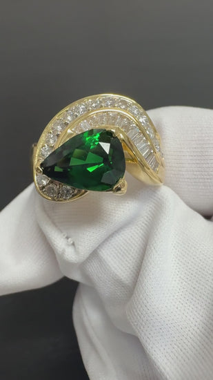 GIA Certified 3.55 Carat Pear Cut Tsavorite and Diamond in 18K Cocktail Ring