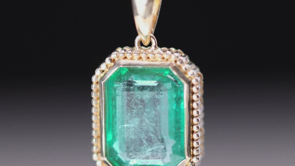 3.47 Carat Emerald Cut Emerald Milgrain Bezel 18K Yellow Gold Pendant Necklace