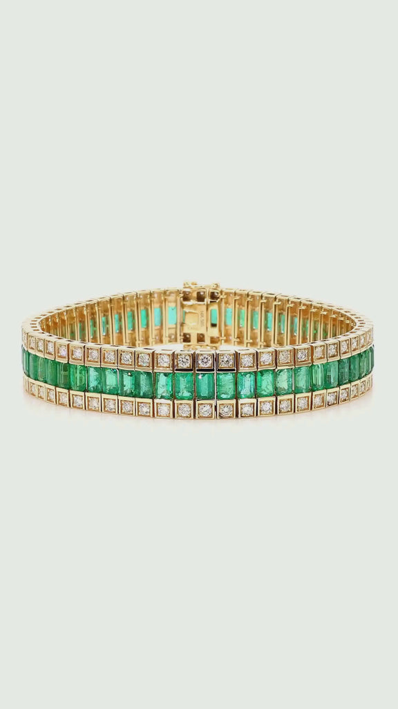 10.18 Carat Emerald and Diamond Baguette 14K Gold Three Row Bracelet