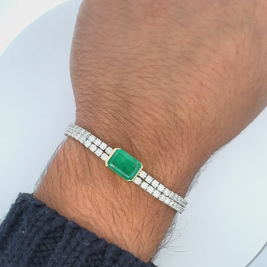 14.47 Carat Emerald Center and Diamond 2 Strand Tennis Bracelet