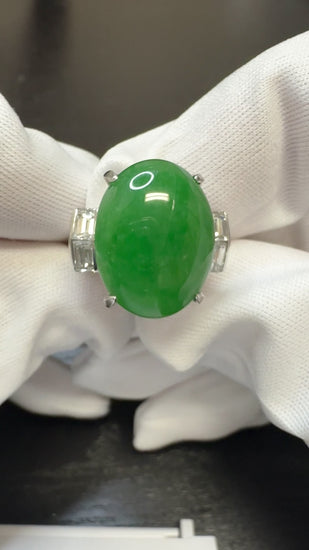 10.91 Carat Oval Jadeite Jade & Baguette Diamond Platinum Filigree Ring