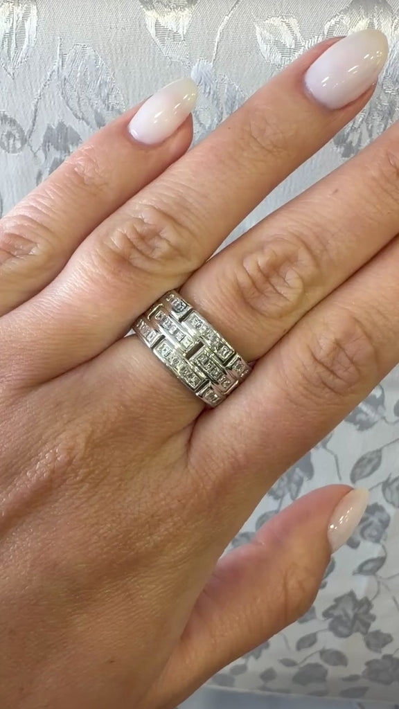 3.25 Carat Carre Square Diamond 18K White Gold 3 Row Brick Pattern Band Ring