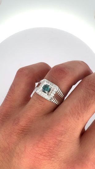 0.74 Carat Blue & White Diamond White Gold Ribbed Men's Ring