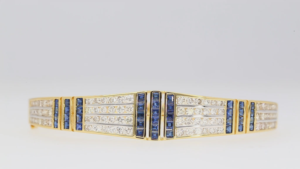 5.09 Carat Blue Sapphire and Diamond Bangle Bracelet in 18k Yellow Gold