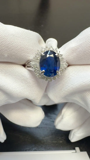 3.21 Carat Oval Cut Blue Sapphire and Diamond in Platinum Ring