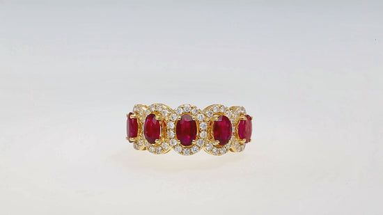 3.43 Carat Oval Cut Ruby and Diamond Halo Wedding Band Ring in 18K Gold