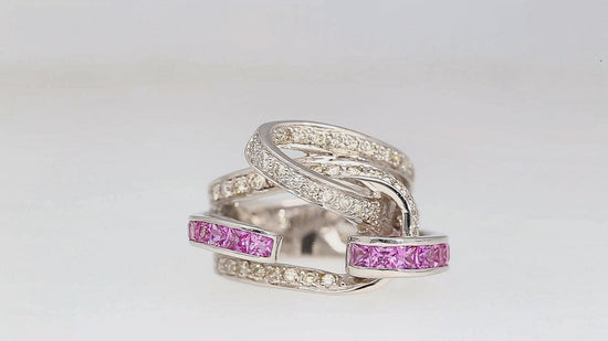 1.40 Carat Princess Pink Sapphire & Diamond Pave 18K White Gold Bypass Wave Ring
