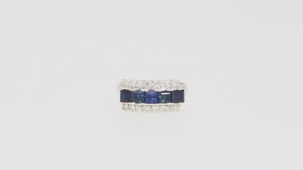 Natural 2.28 Carat Blue Sapphire & Diamond Cluster 5 Stone Platinum Ring