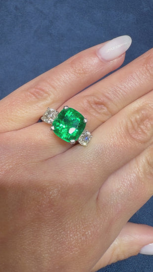 5.41 Carat Vivid Green Colombian Muzo Emerald & Old Euro Diamond 3 Stone Ring