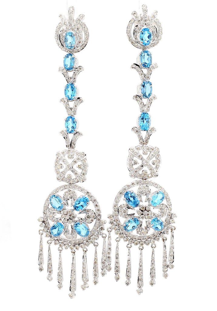 15 Carat Oval Aquamarine & Diamond 18K White Gold Retro Dangle Earrings