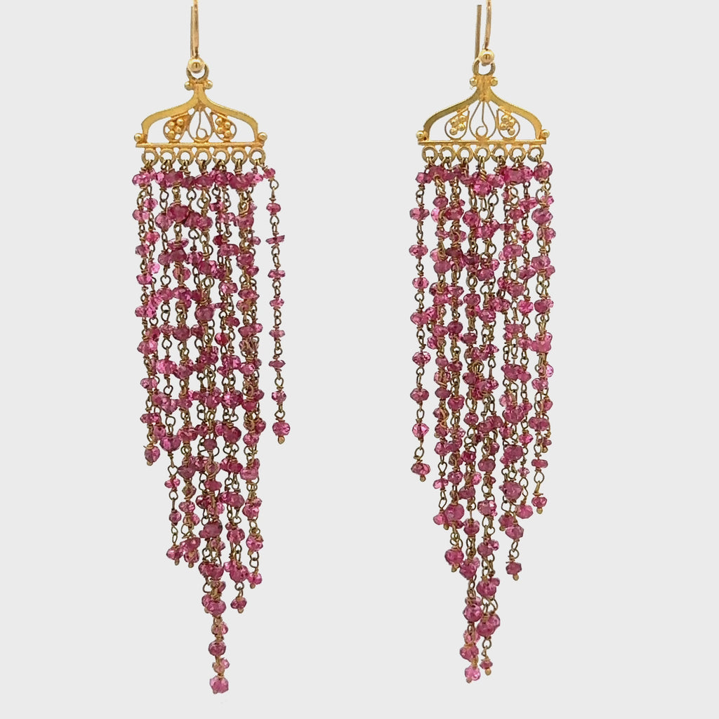 Vintage 22K Gold Pink Tourmaline Bead Indian Chandelier Drop Earrings