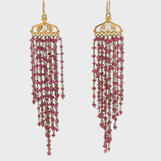 Vintage 22K Gold Pink Tourmaline Bead Indian Chandelier Drop Earrings